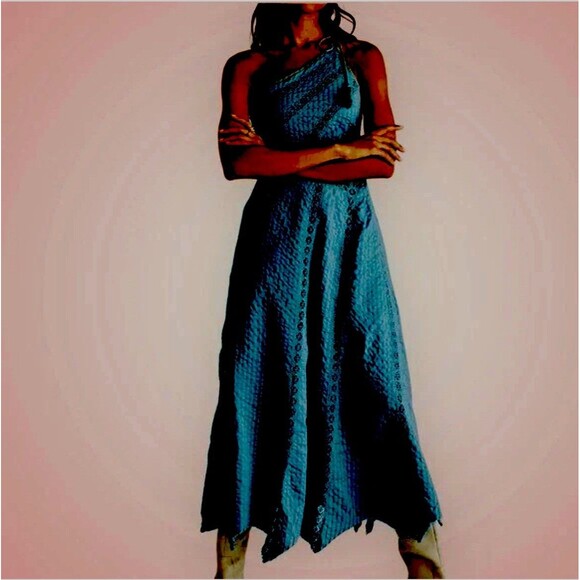 FREE PEOPLE BELLA Dress Boho One Shoulder Embroidery Maxi Green Blue Sz S - Picture 2 of 9